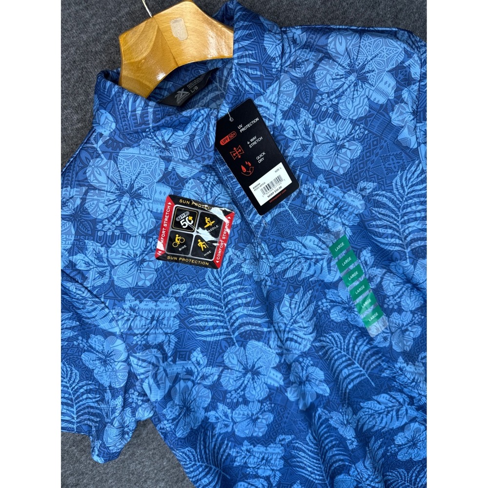 ZeroXposur Blue Tropical Floral Performance Polo Shirt UPF 50 Men L Quickdry NEW